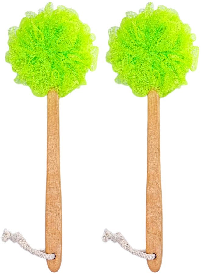JINS-Hung Shower Loofah Body & Back Scrubber - Exfoliating Loofah luffa Bath Brush On a Stick - with Long Wooden Handle Back Brush for Men & Women - Easy Reach Body Wash & Lotion Applicator（ 2 Pack- Green） - Image 1